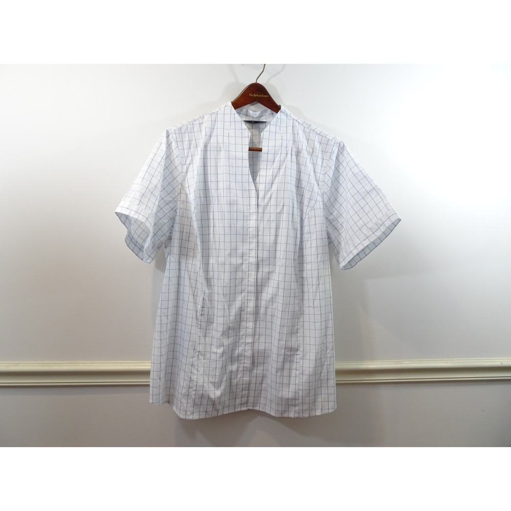 Brooks Brothers United Airlines Windowpane Short Sleeve Blouse White Blue 22WL